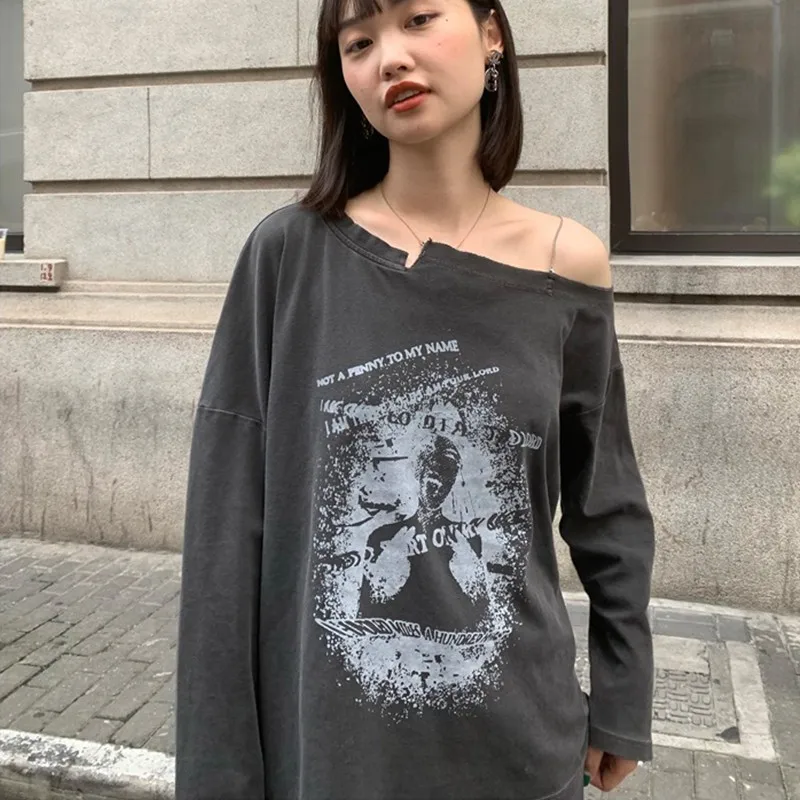 N GIRLS  Women Vintage Print T-shirt Fairy Grunge  New Autumn Long Sleeved Girl Rock Strapless Tees Loose Harajuku Tops