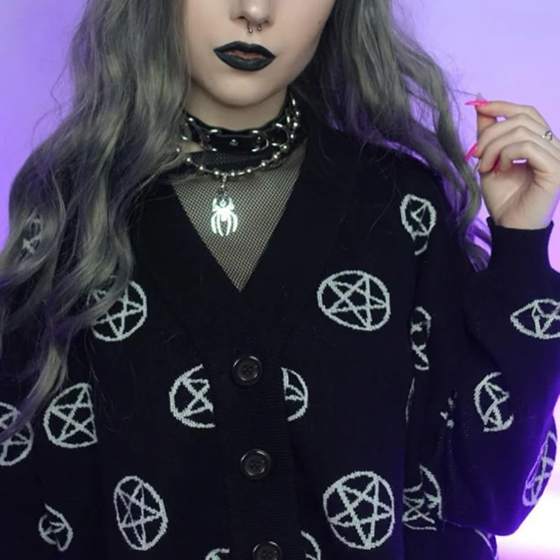 

Emo Gothic Cardigan Egirl Winter Punk Grunge Fairy Streetwear Aesthetic Women Y2K Pentagram Sweater Female Autumn Alt Crop Coat