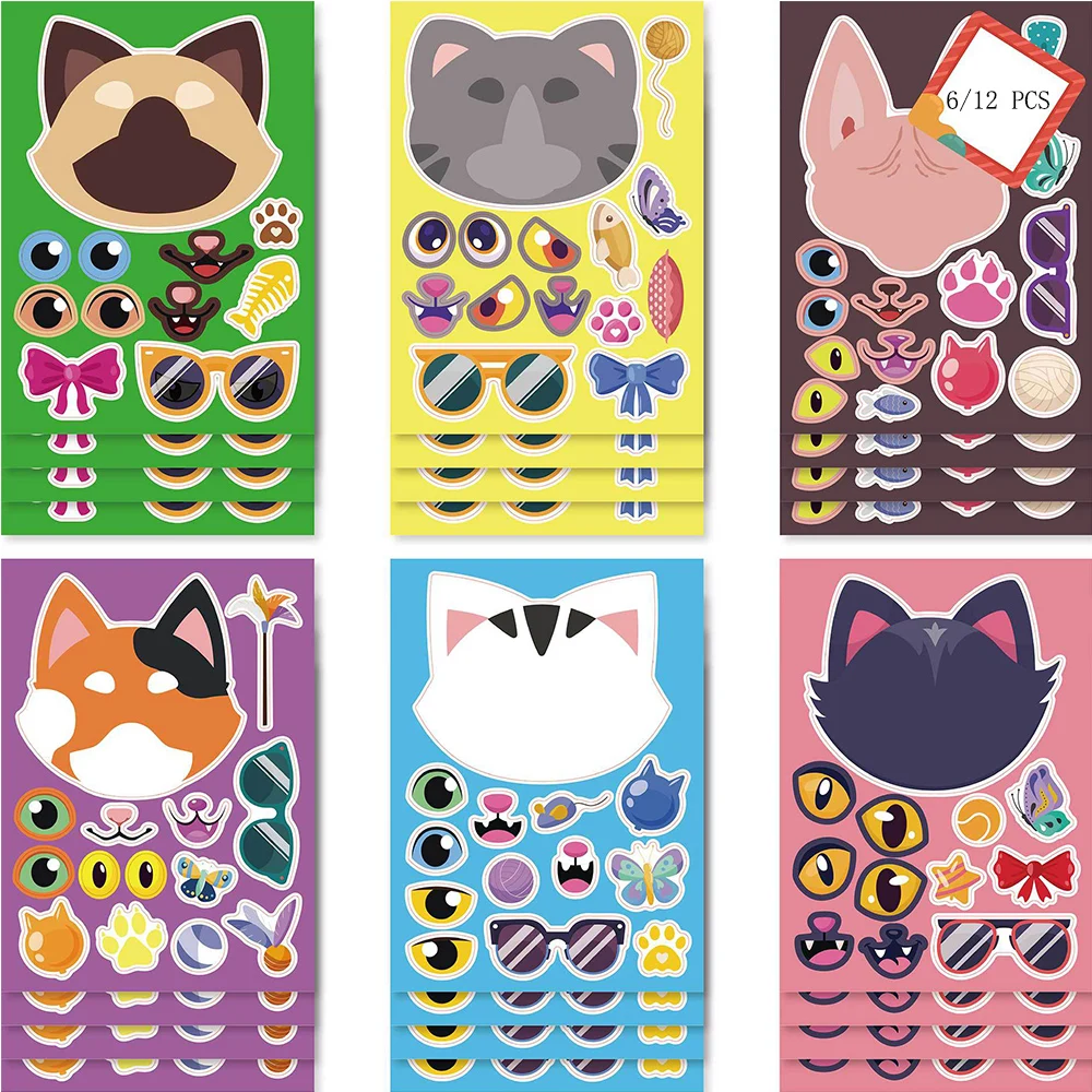 

6/12sheets Make a Face Cat Cartoon Stickers Kawaii Animal Sticker Diary Scrapbooking Laptop Phone Stationery Decorative Decals