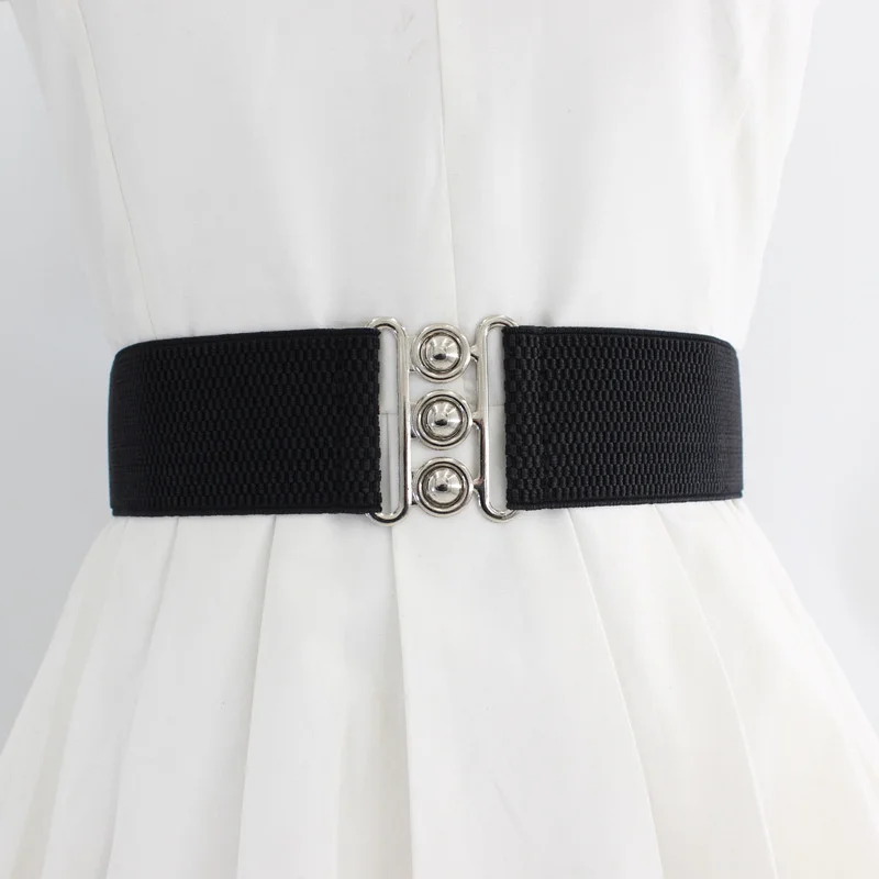 

Red Women's Elastic Buckle Belt Dress Versatile Decorative Waistband Elastic Belted Waist Wide Belt