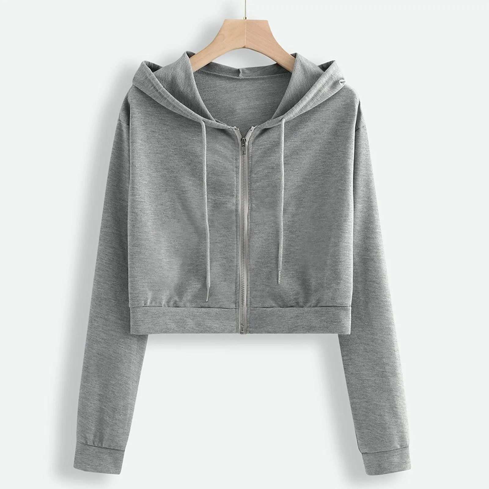 

2023 Sexy Zipper Sweatshirts Drawstring Sweatshirt Women Crop Top Casual Solid Long Sleeve Pocket Thin Short Hooded Tops Street