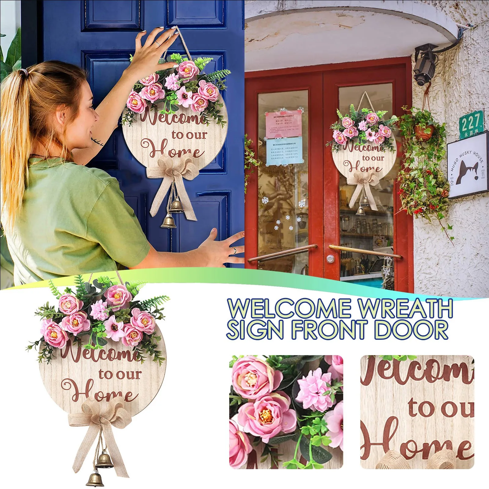 

Front Sign Door Wooden Indoor Listing Welcome Welcome Decor Wreath Wreath Home Decor