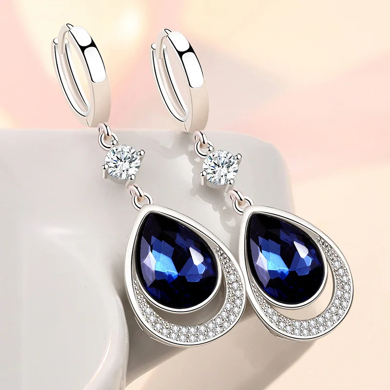 

KOFSAC Creative Personality S925 Silver Jewelry Zircon Crystal Blue Water Droplets Earrings For Women Fashion Charming Earring