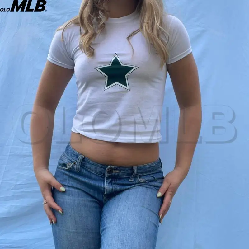 

High Street Harajuku Retro green Star Graphic print Fashion Gothic Short Sleeve Crop Top Short Navel Sexy Top Female Y2K Clothes
