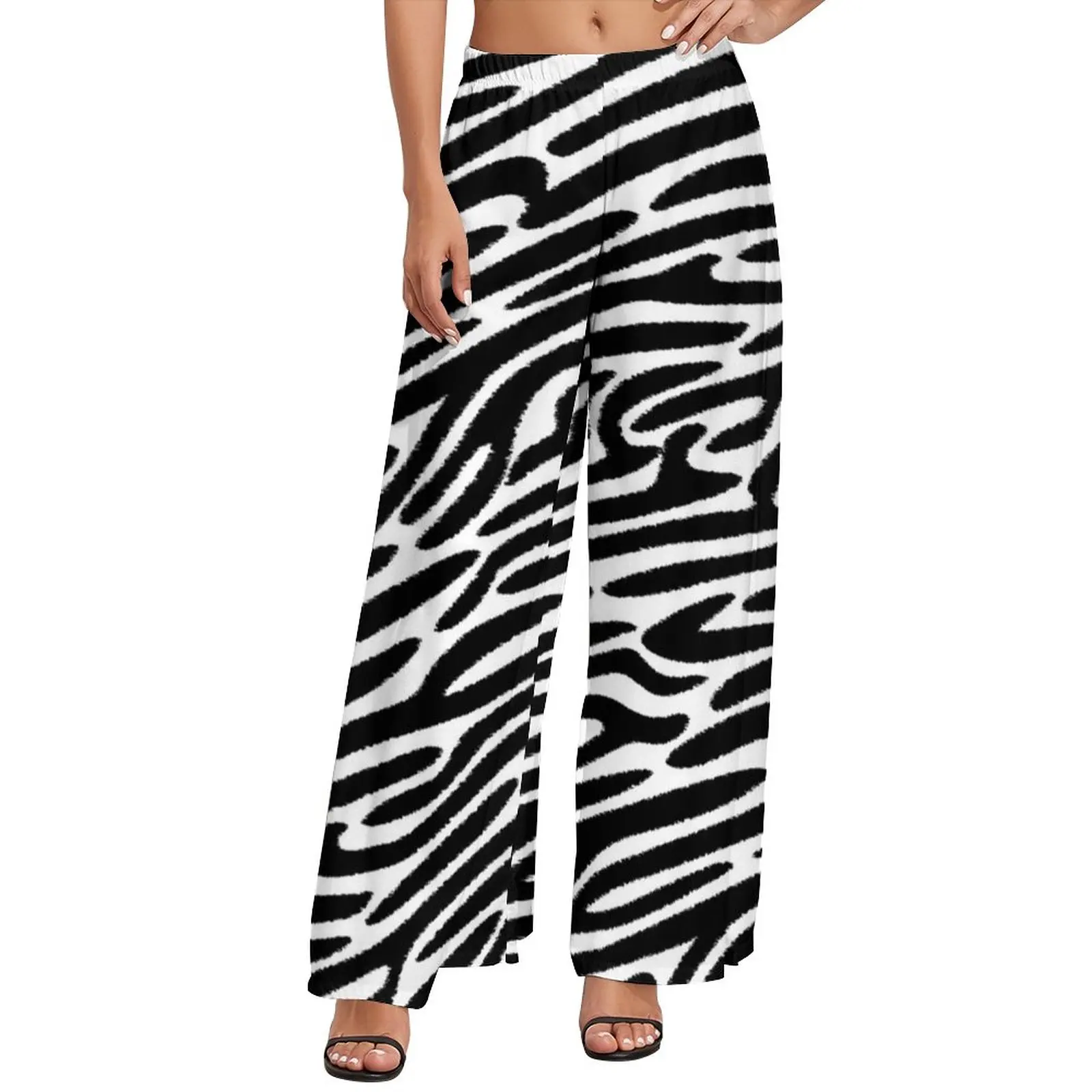 

Black Zebra Stripes Pants High Waisted Big Size Modern Animal Shiny Casual Trousers Beach Print Wide Leg Pants Big Size 5XL
