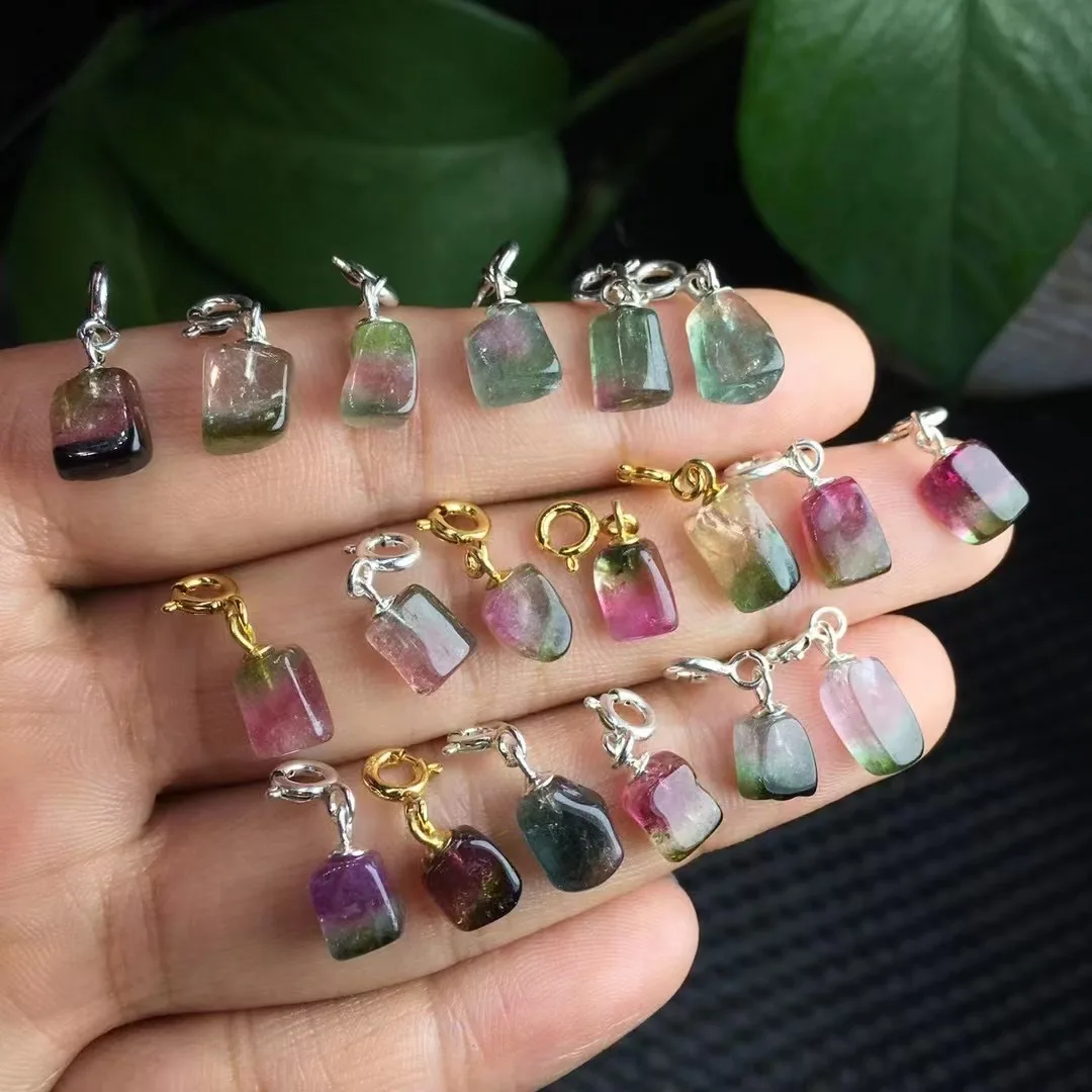 Цельный кулон из серебра 925 пробы с натуральным арбузом и турмалином