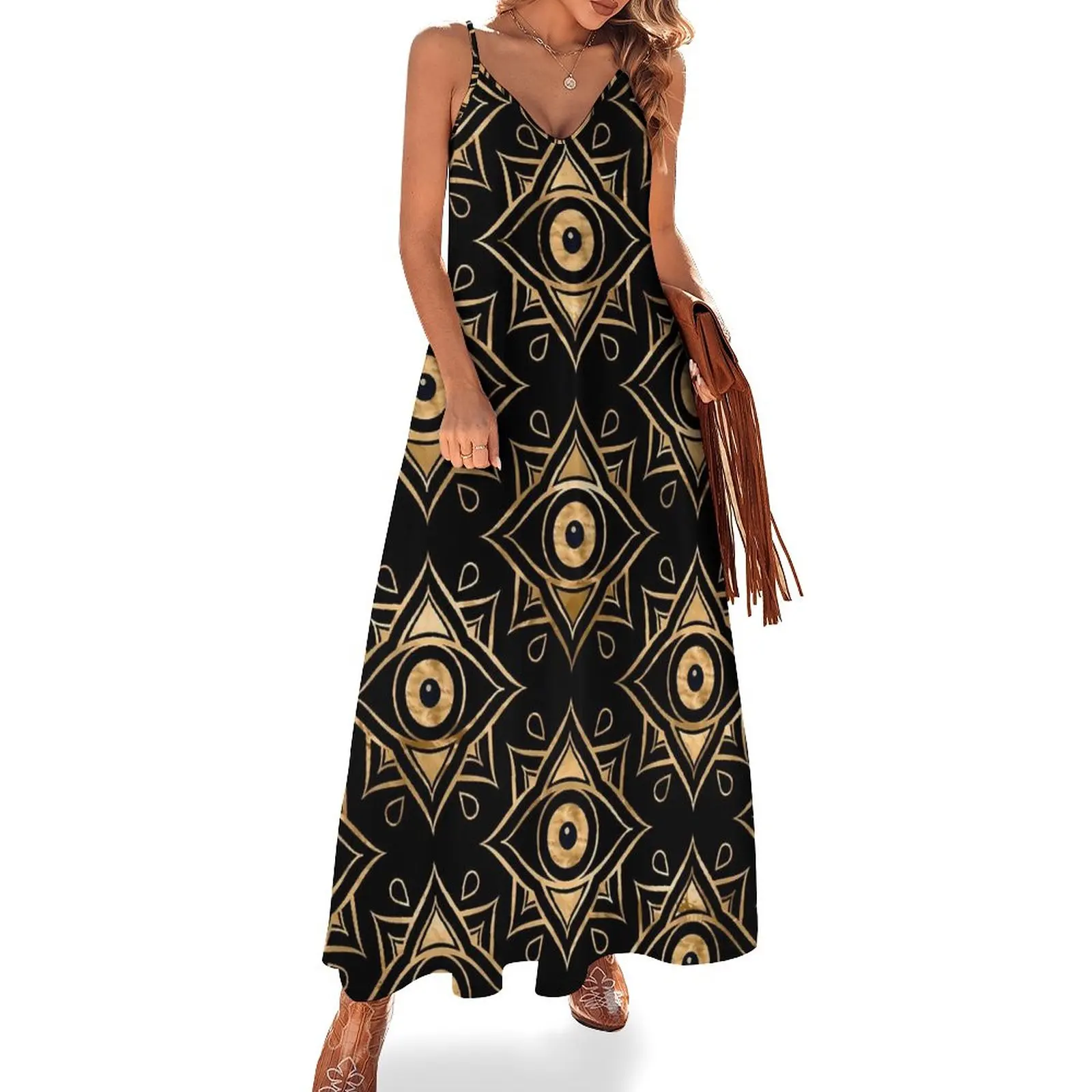 

Evil Eye Dress Black and Gold Kawaii Maxi Dress Strap Streetwear Boho Beach Long Dresses Summer V Neck Large Size Vestido