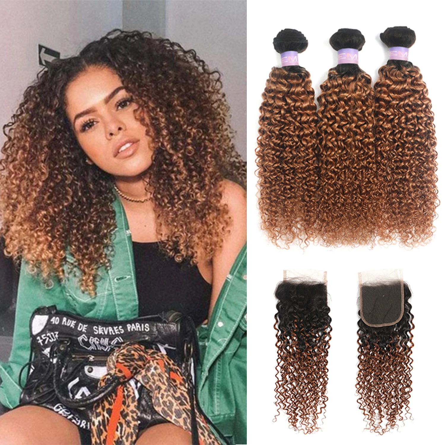 Ombre Brown Kinky Curly 3 Bundles With Closure Brazilian Non-Remy Colored Human Hair Weave Bundles With 4x4 Lace Closure Kemy