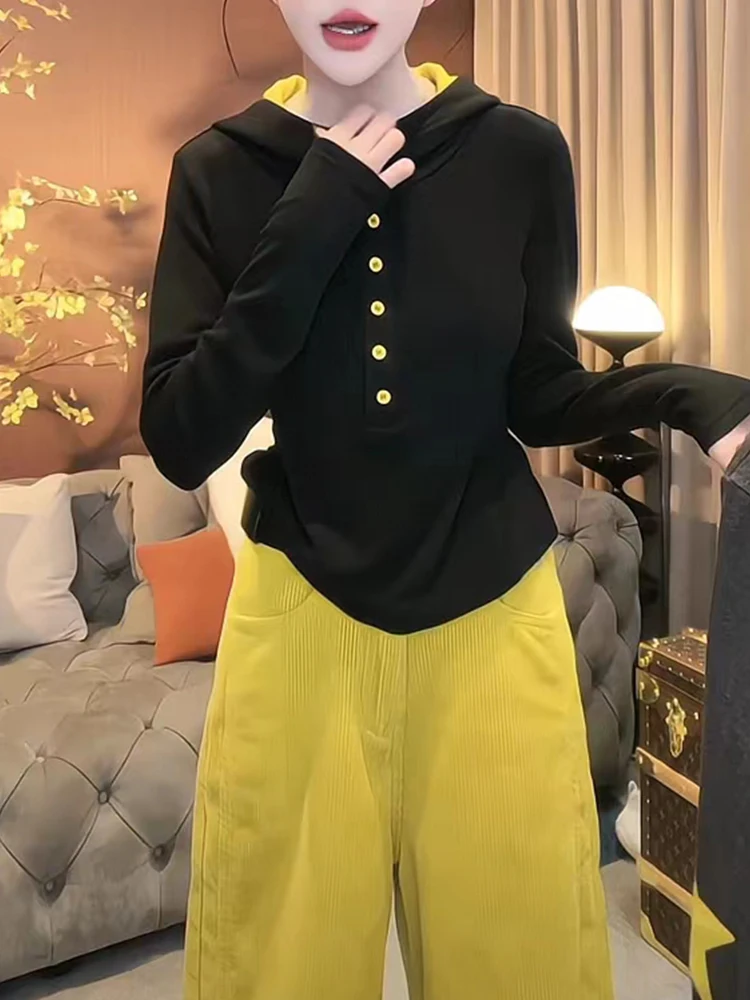 Plus Size High-End Black Temperament Hood Shoulder Korean Series 2024 Autumn New Half-Open Collar Breasted Bottoming Shirt T-...