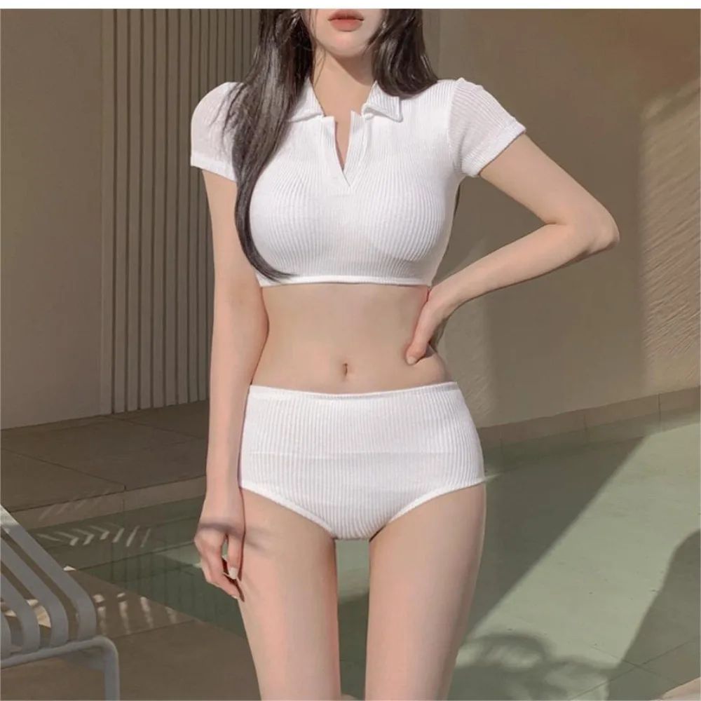 

2023 Simple and Fashionable Small Vneck Split Swimsuit for Women with Small Chests, High Waist, Slim Student Hot Spring Swimsuit