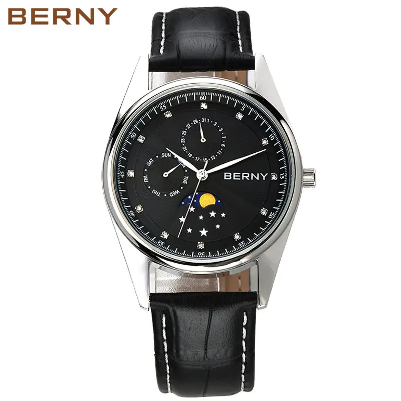 BERNY Gold MIYOTA Japan Quartz Wristwatch Moon Phase Couple Watch Day Date Genuine Leather Fashion Men Watch Calendar Waterproof