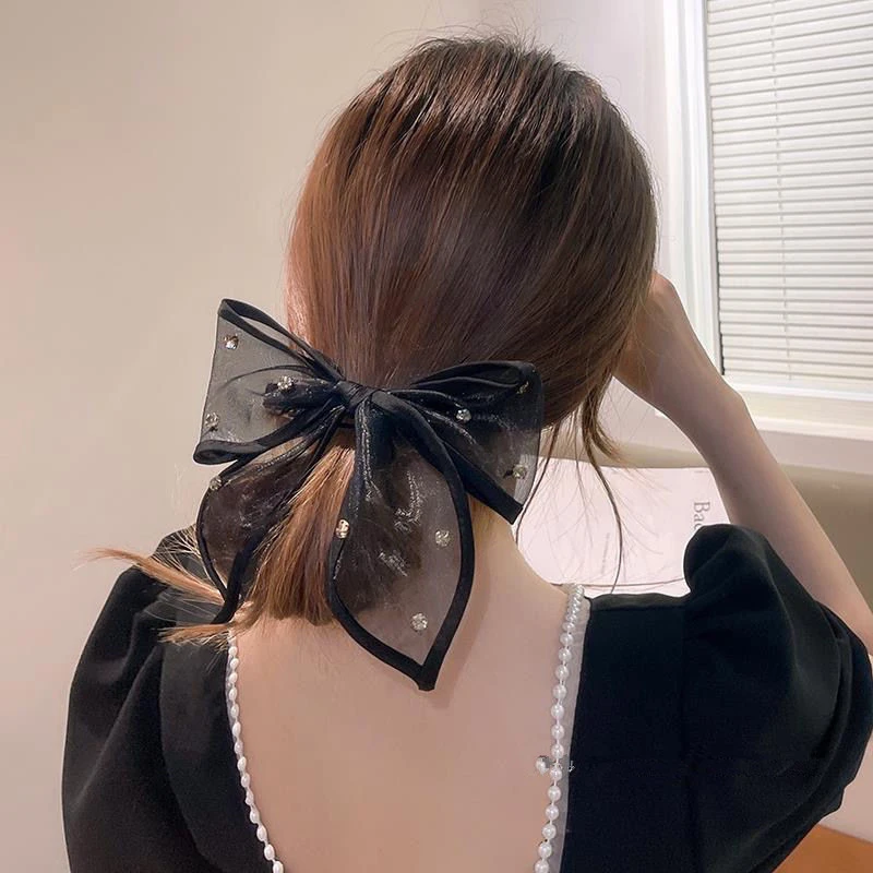 

Woman Black Organza Solid Bow Hairpins Ornaments Crystal Bow Ribbon Hair Clips Girls Bowknot Barrettes Hair Accessories