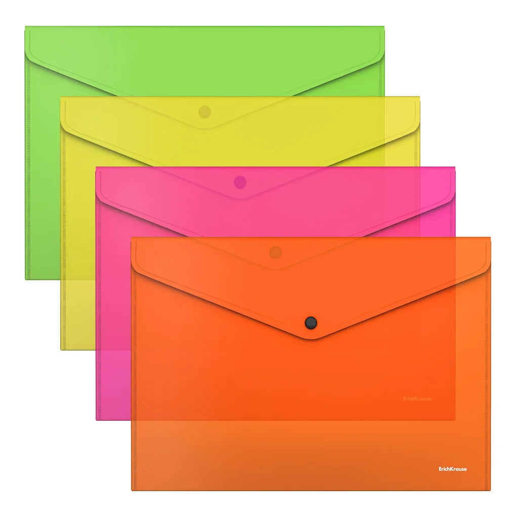 Папка-конверт ErichKrause Glossy Neon полупрозрачная A4 ассорти (всего 24шт в коробке-дисплее