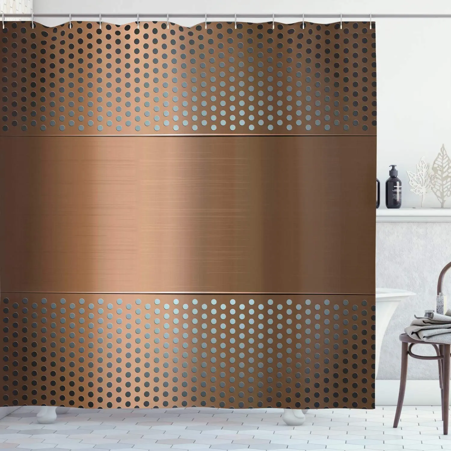 

Industrial Shower Curtain, Perforated Grid Plate Steel with Dots Illustration Futuristic Technology Theme, Cloth Fabri