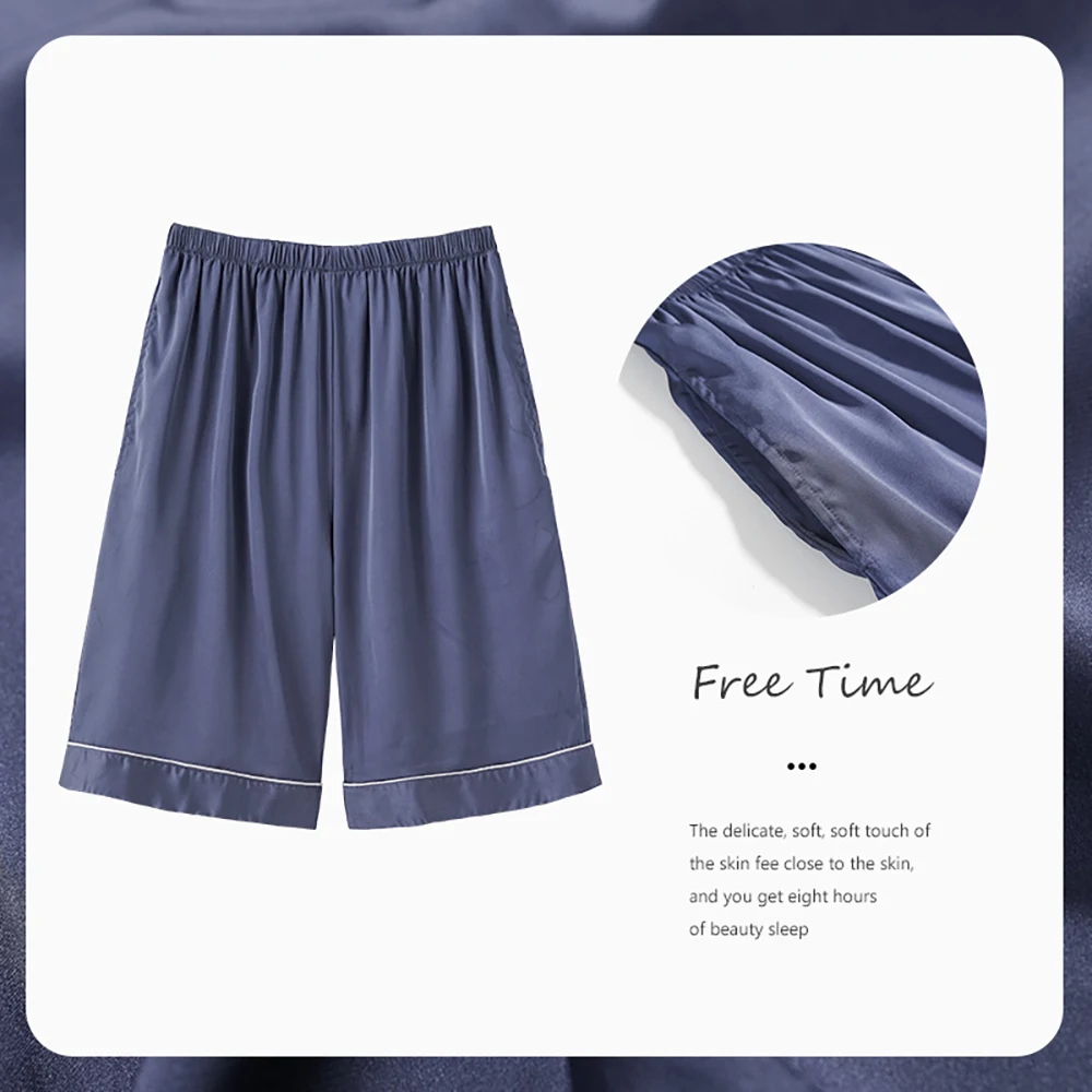 4XL Silk Like Satin Pajama Men's Pants Double Pockets Cozy Elastic Waist Pijama Shorts Male Bottom Pajamas PJ Pants pyjama homme