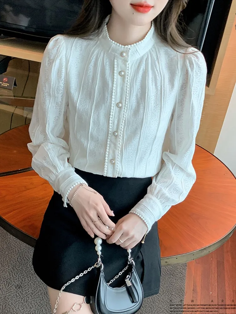 Женская Офисная рубашка элегантная белая блузка с длинным рукавом и высоким