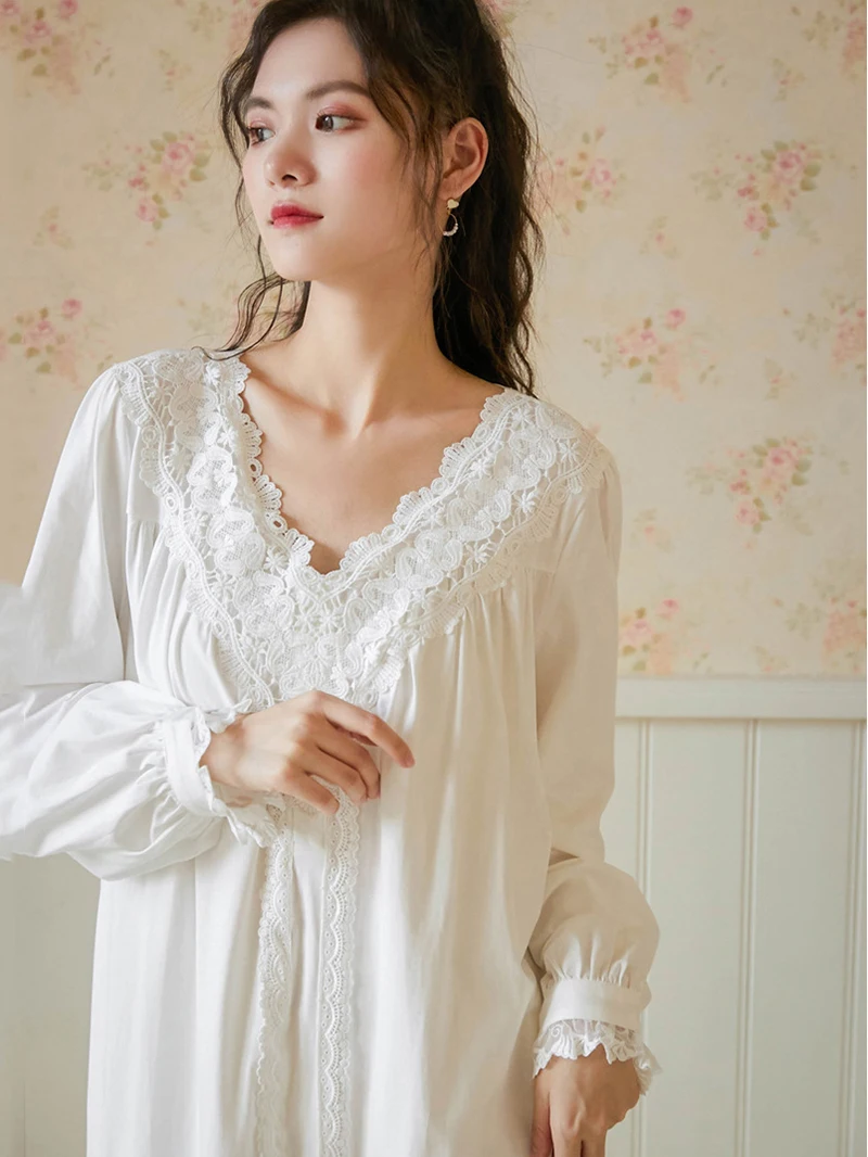 

Women Pure Cotton Ruffles Vintage Nightgowns V-Neck Fairy Lace Long Pajamas Victorian Romantic Princess Sleepwear Nightdress