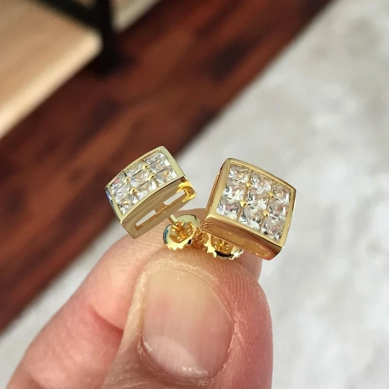 

New Simple Gold Color Square Stud Earrings for Women Full Paved Princess Cut CZ Luxury Fashion Jewelry Wholesale Lot