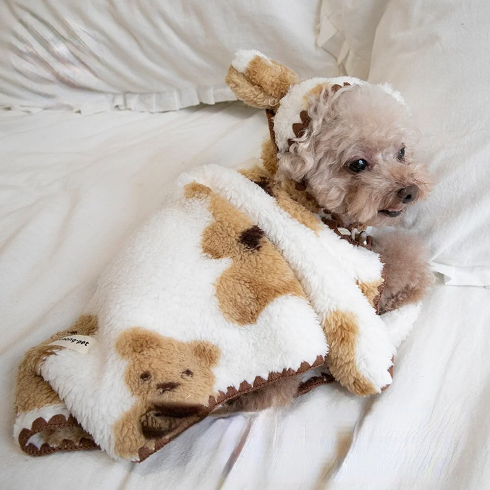 

Pet Bear Blanket Dog Bathrobe Comfortable Plus Fleece Pet Dog Clothes Cat Apparel Winter Plus Fleece Cloak Cute Coat