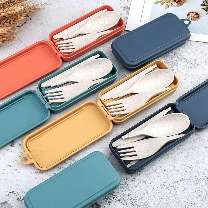 

4Pcs Portable Wheat Straw Dinnerware Set Chopsticks Spoon Knife Fork Cutlery Set for Picnic Camping Tableware With Utensil Box