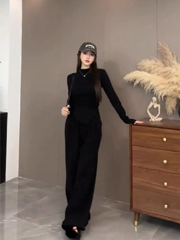 Sets Women Autumn Irregular Turtleneck Long Sleeve T-shirts High Waist Pants Slender Mopping Streetwear Ulzzang Casual Ins