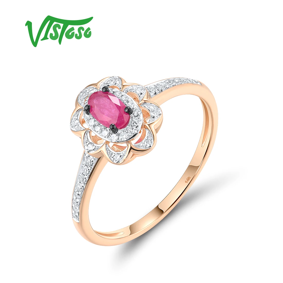 VISTOSO Prawdziwy pierścionek z różowego złota 14K 5885 dla kobiet Błyszczące diamenty Rubinowe fantazyjne rocznice ślubu Luksusowe prezenty