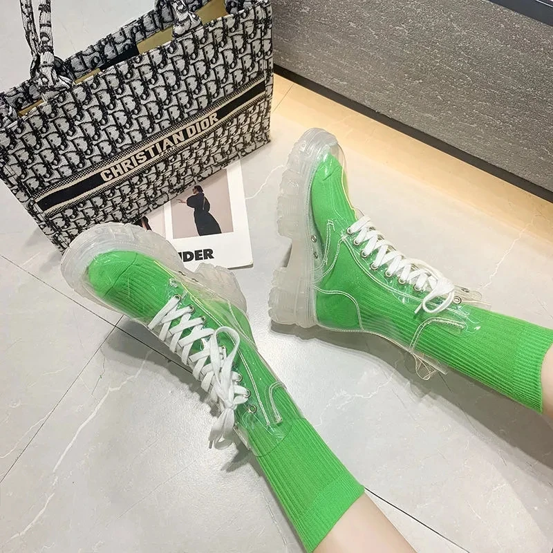 Ботинки женские непромокаемые на прозрачной платформе полусапожки прозрачном