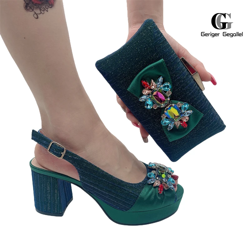 

2023 Summer Women Sandals Green Colors Fashion Floral Geometric Stripes Rhinestones Italian Design Ladies Wedding Shoes and Bags