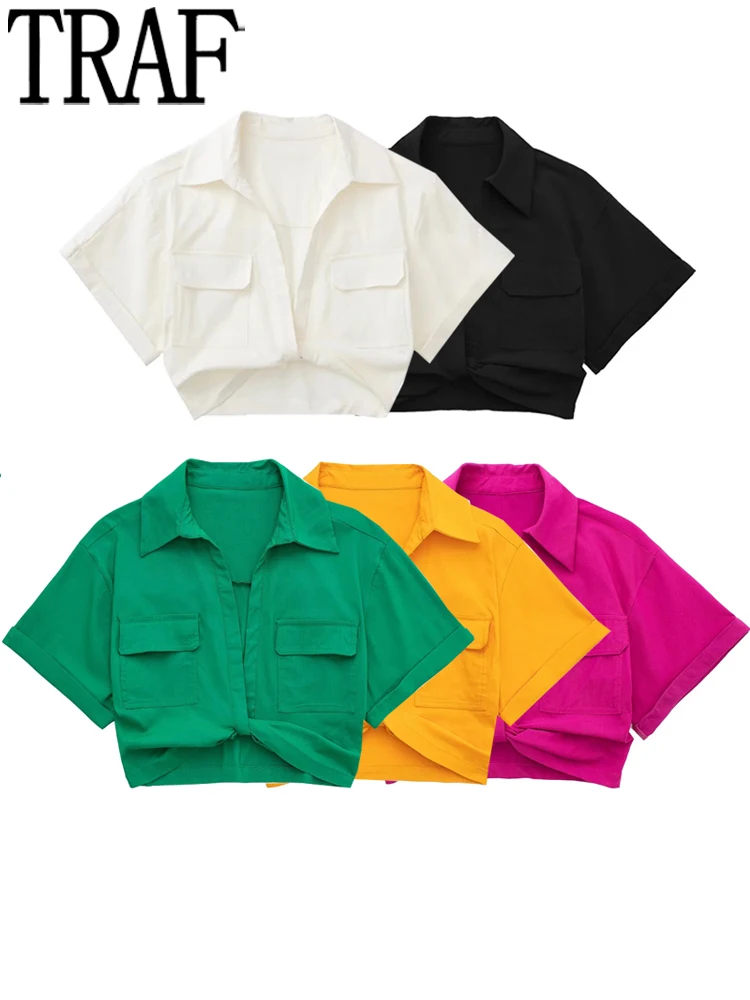 

TRAF Knot Women Shirt Green Crop Top Female Collared Cropped Summer Woman Blouses 2022 Fashion Streetwear Short Sleeve Top