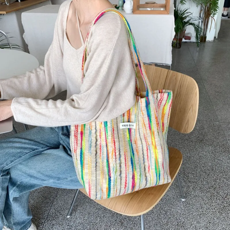 

New Rainbow Stripes Color Canvas Shoulder Bag Large Capacity Shoulder Bag
