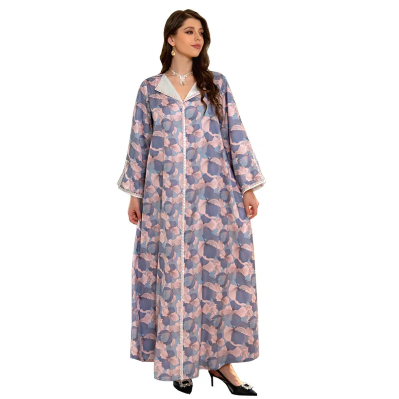 Abaya Dubai Muslim Dress Women Floral Print Islam Moroccan Caftan Lined Arab Jalabiya Middle East Robe