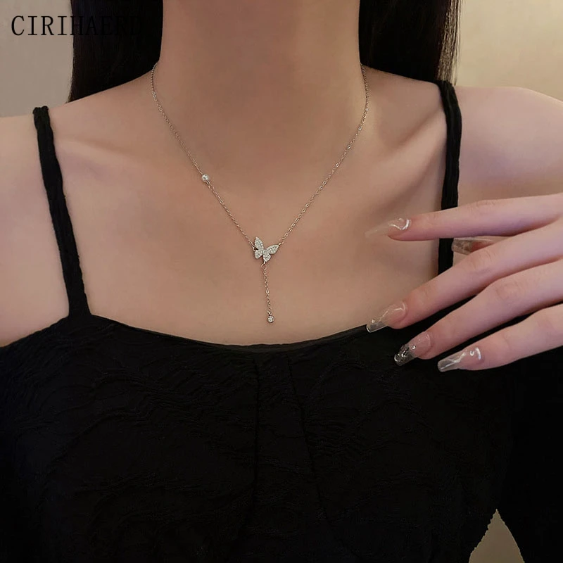 

Luxury Woman Jewelry Female Necklace Fashion Statement Tassel Clavicle Zircon Butterfly Pendant Necklace Birthday Gift Wholesale