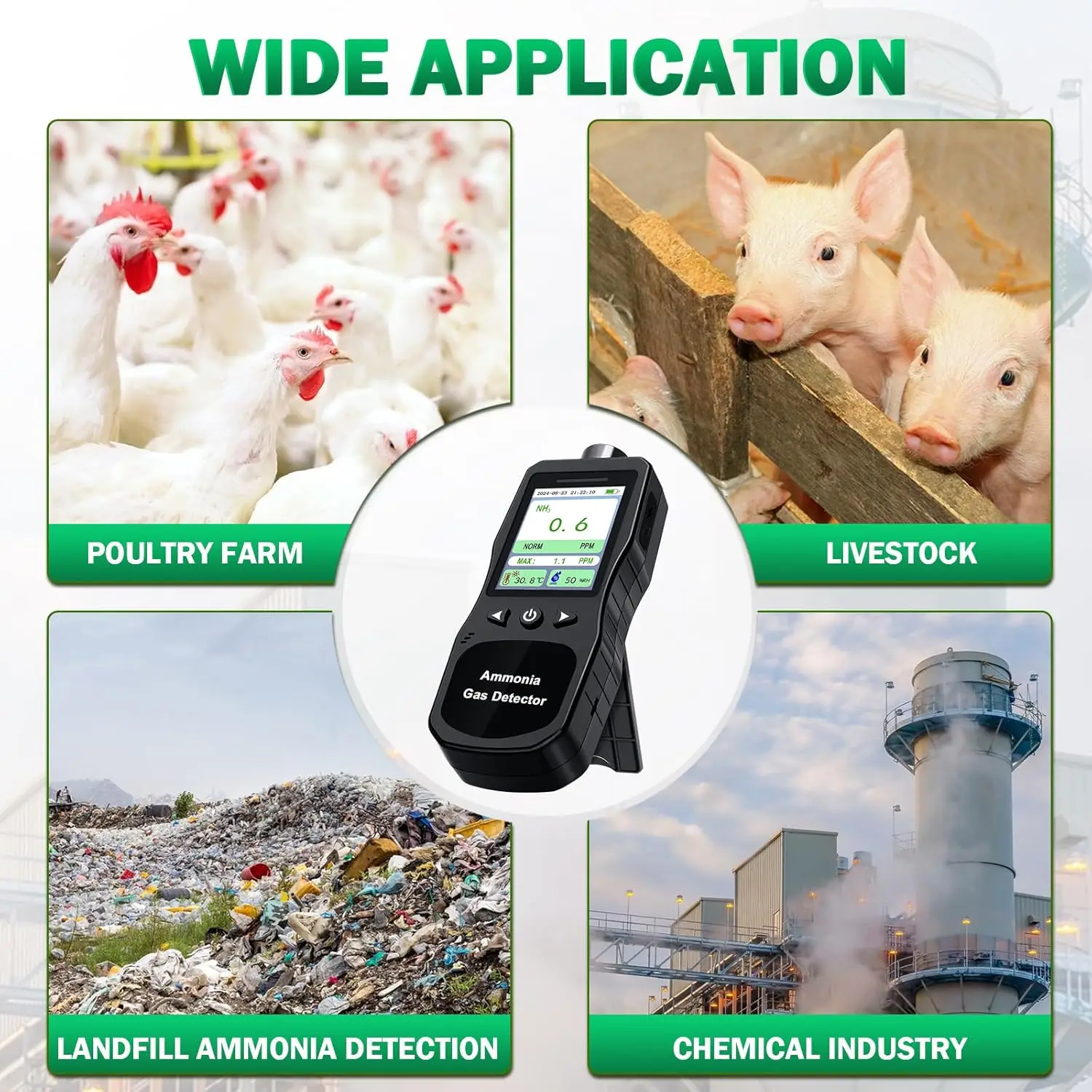 Перезаряжаемый детектор газа аммиака 0-200 PPM Портативный цифровой монитор