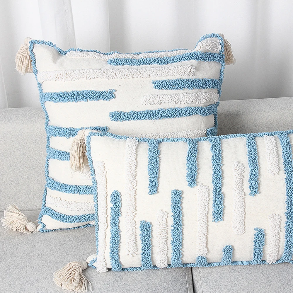 

45*45cm/ 30*50cm New Blue Tufted Horizontal Striped Pillowcase with Tassels Home Decor Sofa Cushion Cover Car Pillowcase