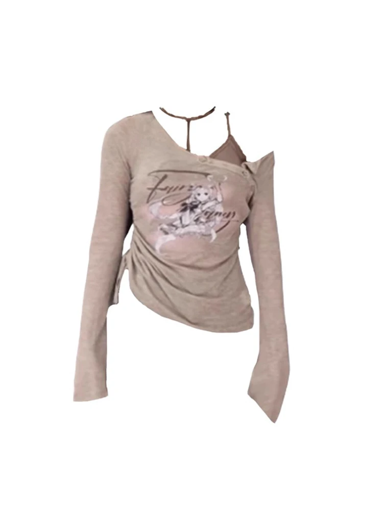 

American Retro Gyaru Lace Up Drawstring Cartoon Print Graphic Women Summer New Design Casual T-Shirts Y2K Coquette Asymmetrical