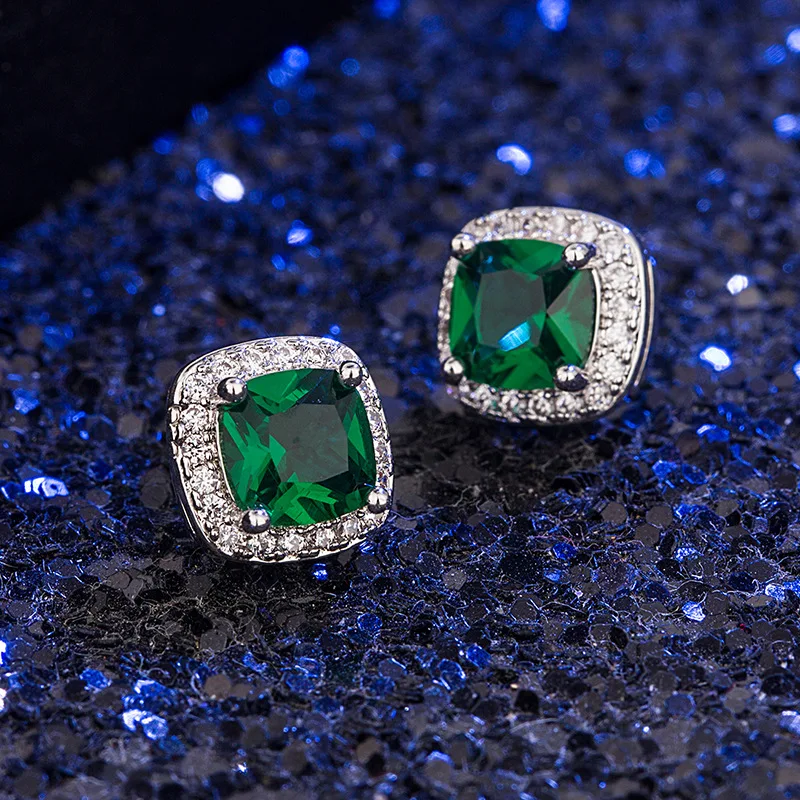 

New Green Cubic Zirconia Earrings Women's Square Silver Color Earrings Simple Fashion Jewelry Ladies Banque Jewelry