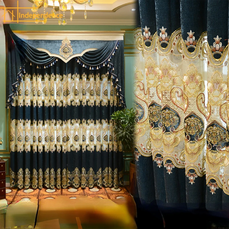 

European Custom Curtains for Living room bedroom blue embroidered high-end luxury chenille floor-to-ceiling thickened window