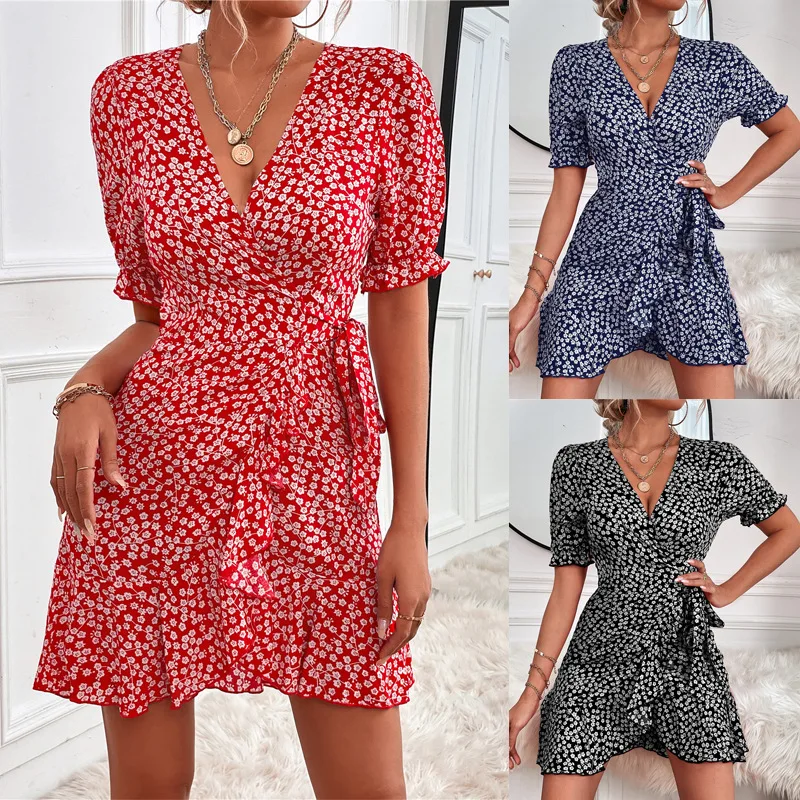 

Sexy V-neck Dress Country Floral Petal Sleeve Lace Up Irregular Ruffle Skirt Dress Casual Vacation Sweet Style Dress