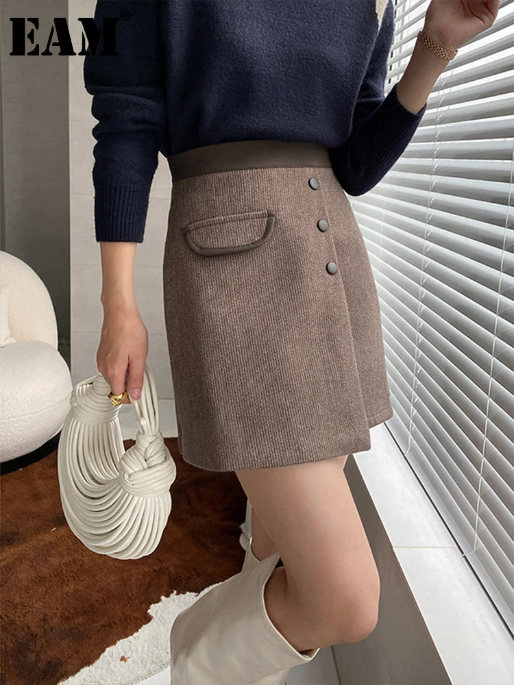 

[EAM] High Waist Gray Pu Leather Spliced Button Mini Woolen Half-body Skirt Women Fashion Tide New Spring Autumn 2022 1DF2293