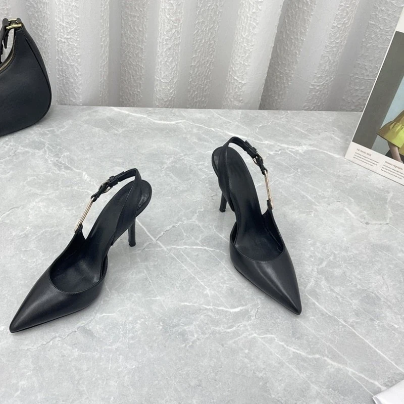 European and American Metal Button Pointed High Heels 2023 New Shallow Mouth Thin Heel Sexy One Line Sandals Women