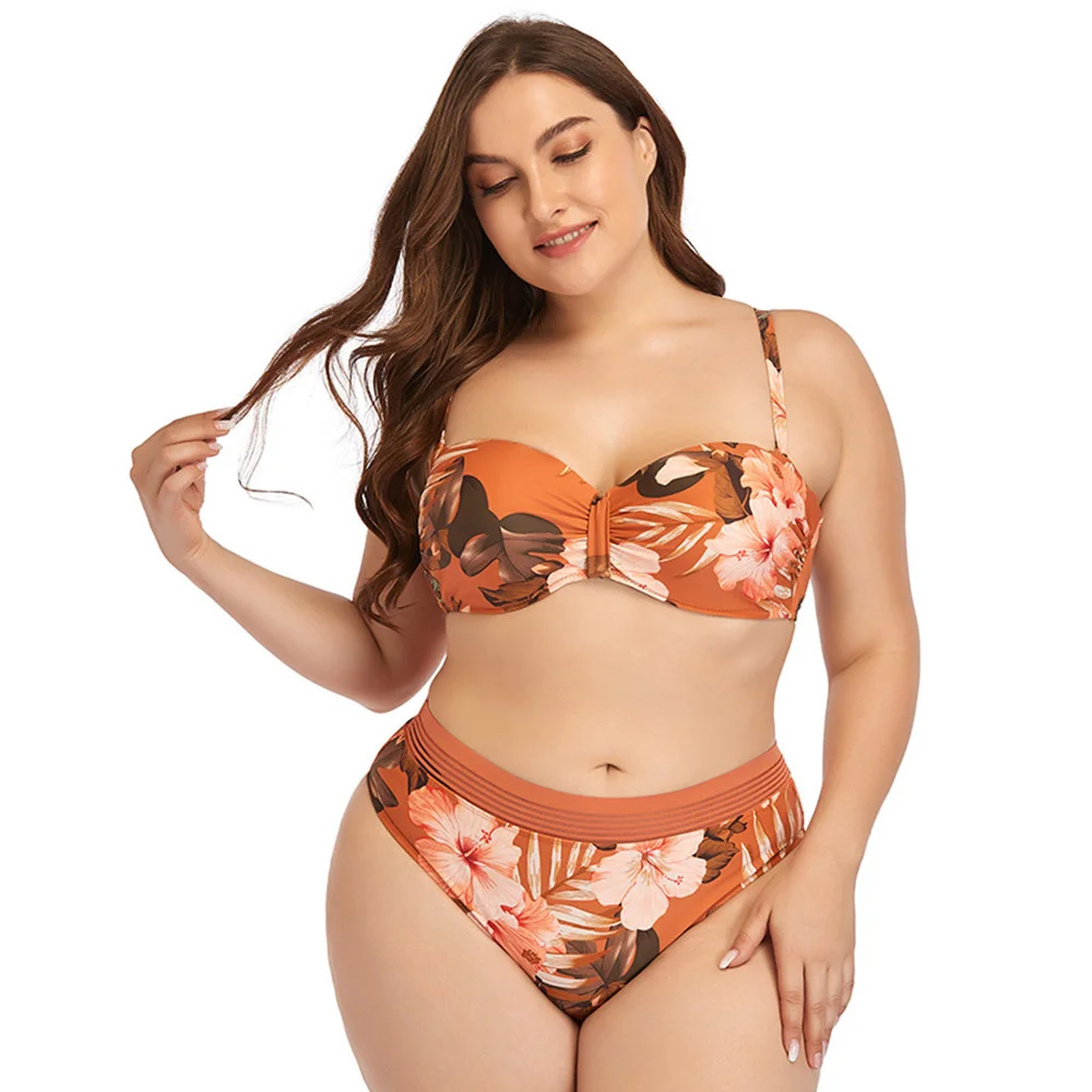 

New Plus Size Swimsuits 2 Pieces Set Women High Quality Push Up Bandeau Bikini Floral Summer Large Bathing Swimwear Suits