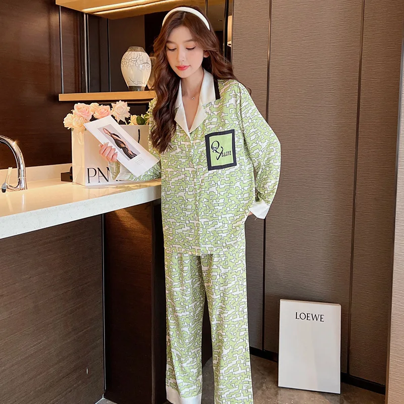 Autumn New High-Grade Elegant Pajamas Women's Fashionable Thin Artificial Silk Long-Sleeved Trousers Homewear Suit