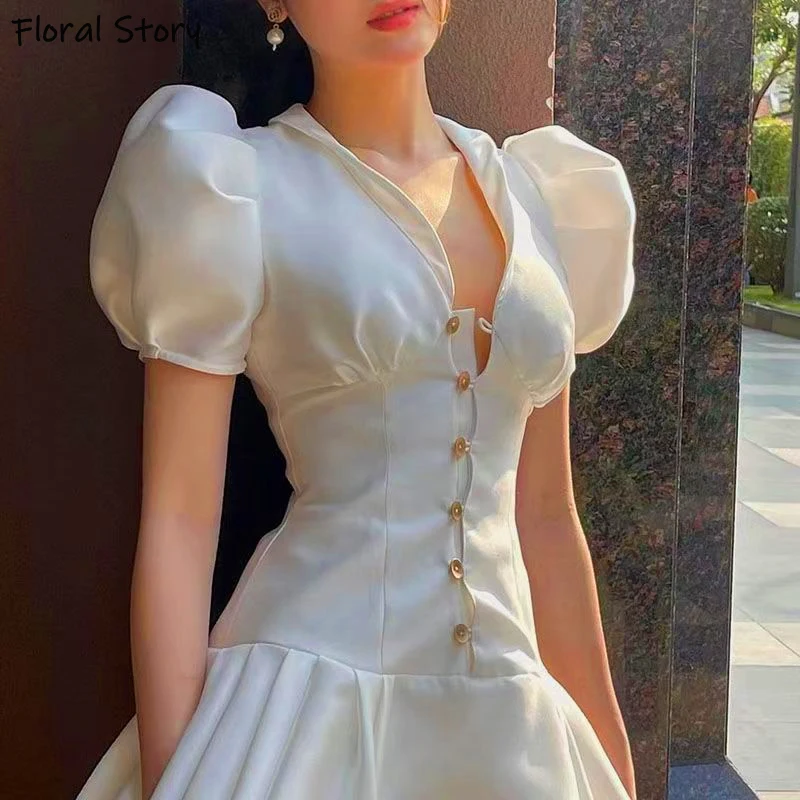 

Floral Story Elegant V-neck Satin Short Dress Woman Puff Sleeve Vintage White Party Dresses Slim High Waist Mini Bodycon Dress