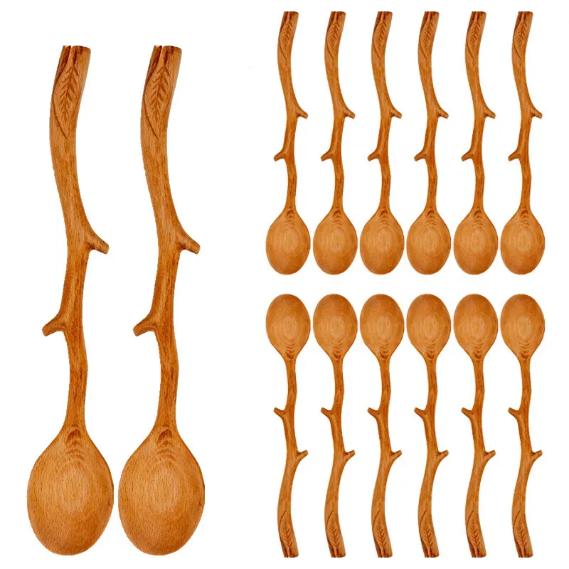 

Creative Wooden Desserts Rice Spoons Long Handle Coffee Beech Soup Scoop Handmade Stirring Spoon Kitchen Tableware Gadgets