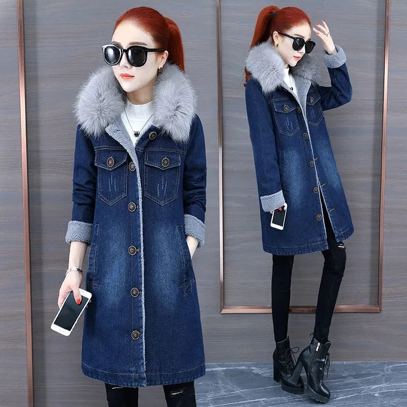 

Denim Jacket Womens 2022 Winter Plus Velvet Thick Lamb Wool Cotton Coat Women Fashion All-match Casual Fur Collar Jeans Jacket