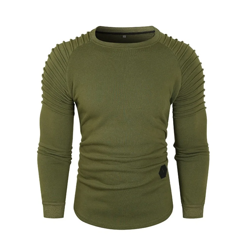 

Men's Round Neck Shoulder Pleated Hem Leather Casual Sports Pullover Sweatshirt