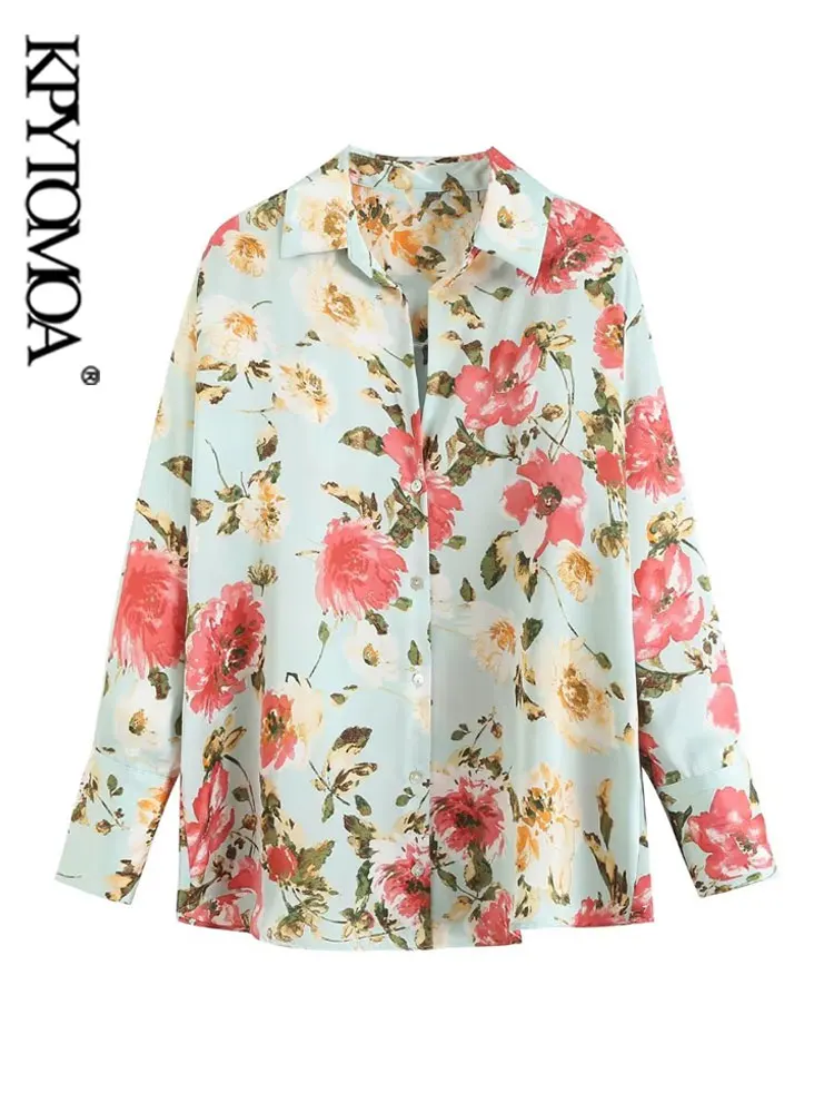 

KPYTOMOA Women Fashion Floral Print Satin Asymmetric Shirts Vintage Long Sleeve Front Button Female Blouses Blusas Chic Tops