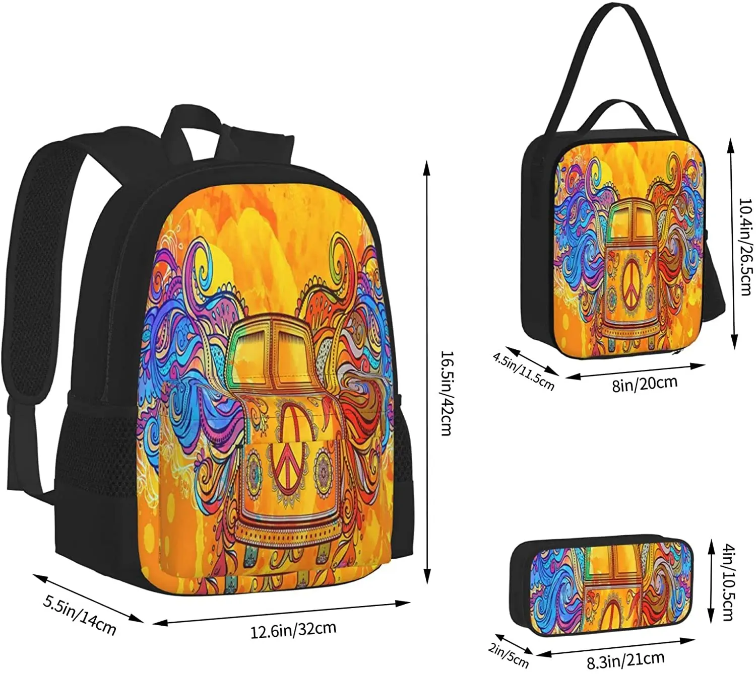 School Backpack Hippie Style Retro Style Schoolbag Travel Bag Casual Daypack Lunch Bag Pencil Case for Boy Teens Girls 3pcs Sets