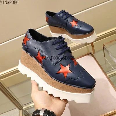 vinapobo New Genuine Leather Stars Shoes Bottom Platform Square Head Women Casual Breathable Waterproof Wedges Sneakers