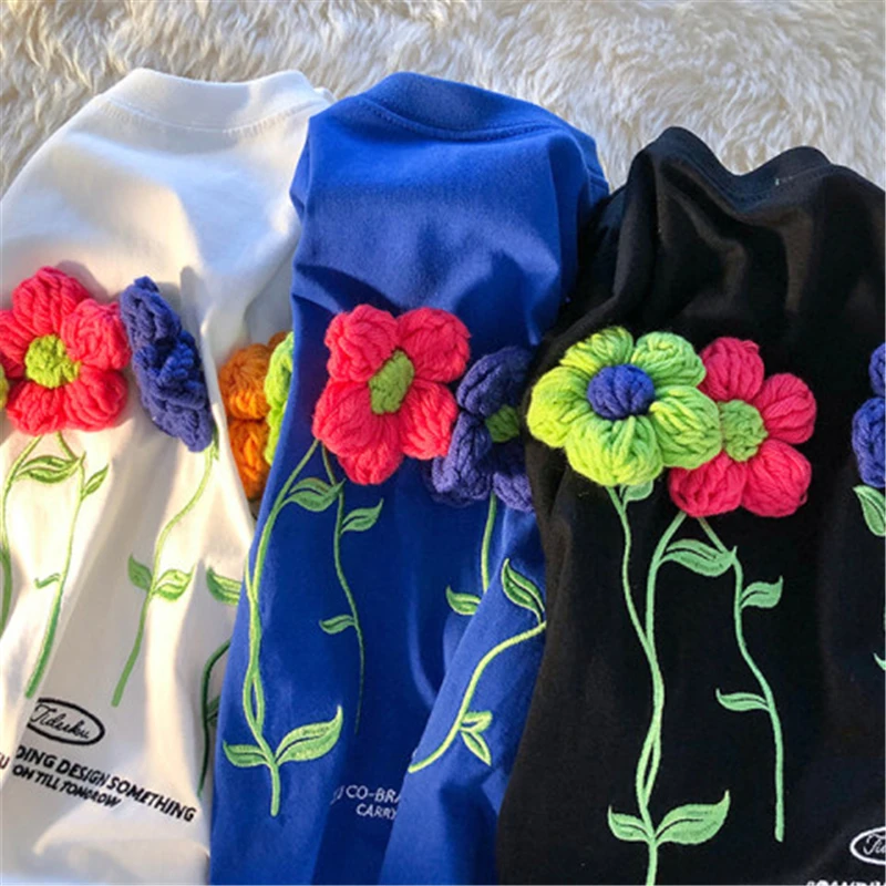 

Embroidery Flowers Tops Tees Loose Short Sleeve Women Cotton T-shirt Harajuku Ulzzang Vintage Short Sleeve Summer Shirts N385